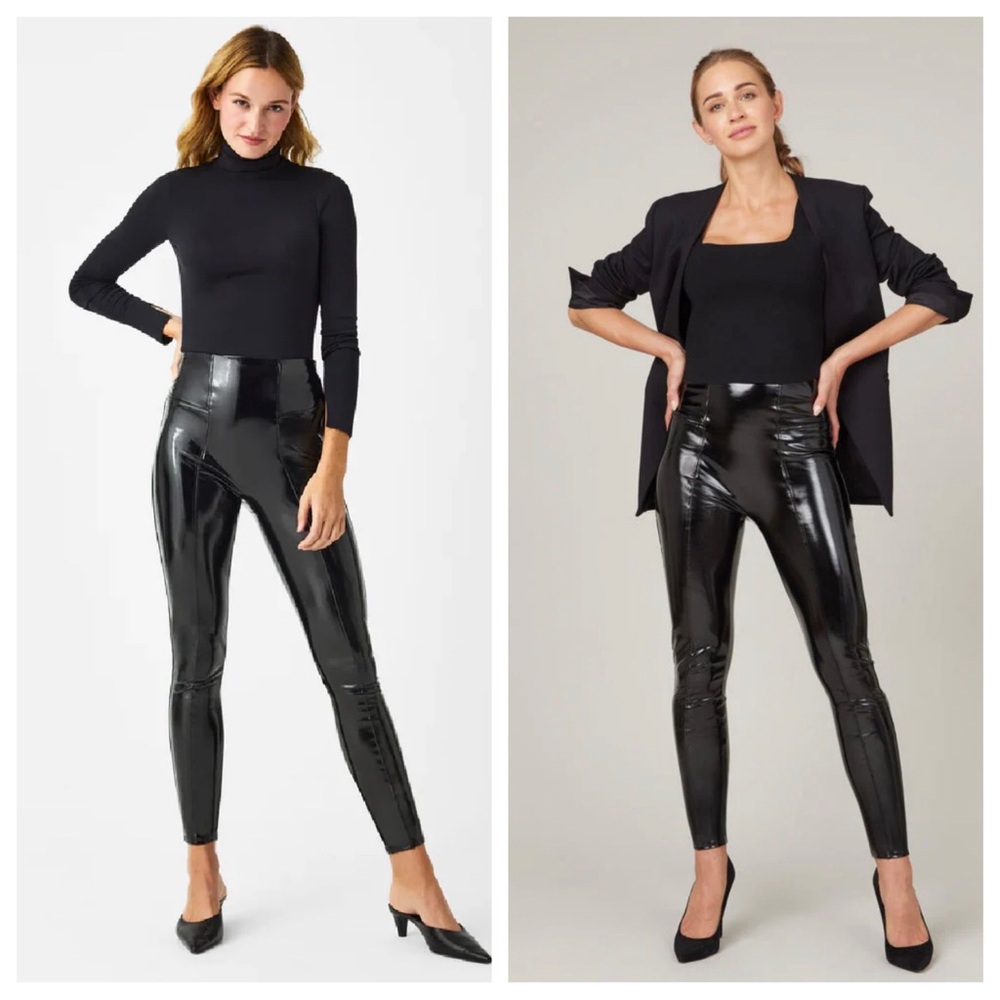 Spanx Faux Patent Leather Leggings Black High Rise Shaping Stretch Pants Size
